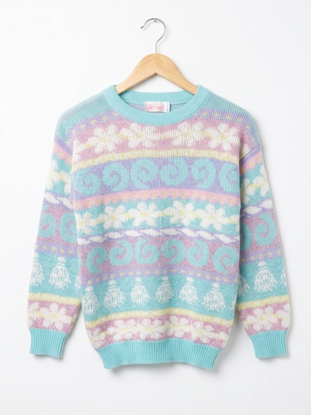 Vintage 80s Jet Set Pastel Metallic Floral Sweater XS/S Fairy Kei Kawaii